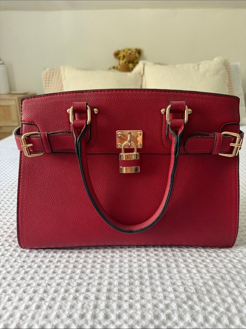 Red Structured Satchel with Gold Lock Detail